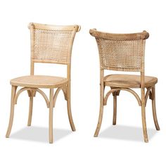 two chairs made out of wood and wicker, one with a seat on the other