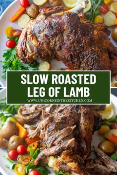 slow roasted leg of lamb on a plate with vegetables