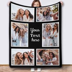 a woman holding up a black blanket with photos on it and the words, your text here