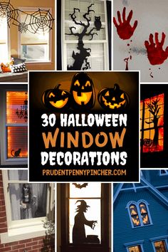 halloween window decorations and handprints are featured in this collage with the words, 30 halloween window decorations