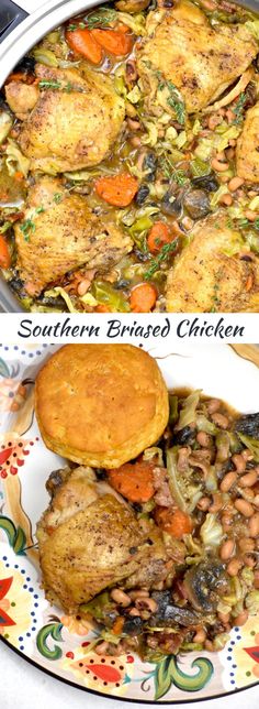 two pictures side by side of chicken and vegetables in a pan with the words southern braised chicken