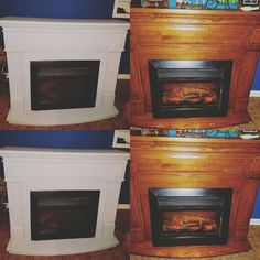 three different views of an electric fireplace with wood trimmings and blue walls in the background