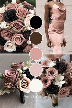 the bride's bouquet is made up of pink and brown flowers, with black accents