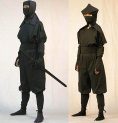 three different types of people in black and green outfits with hoods, masks and swords