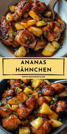 an image of food in a pan with the words anas hahnchen on it