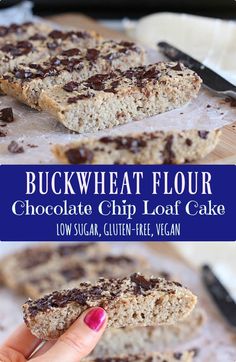 a close up of a person holding a piece of chocolate chip loaf cake with the words buckwheat flour above it