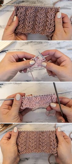 three pictures showing how to crochet an object