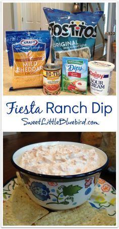 the ingredients for fiesta ranch dip in a bowl on a table with tortilla chips