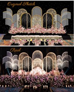 an elaborate wedding setup with flowers and chandeliers