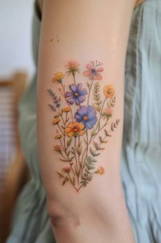 a woman with a tattoo on her arm has flowers painted on the side of her arm