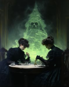 two women sitting at a table in front of a ghost