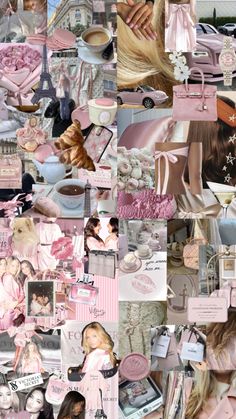 a collage of pink and white images