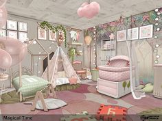 a room filled with lots of pink furniture and pictures hanging on the wall above it