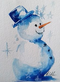 a watercolor painting of a snowman wearing a blue hat