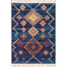 a blue and orange rug with fringes on the bottom, in front of a white background