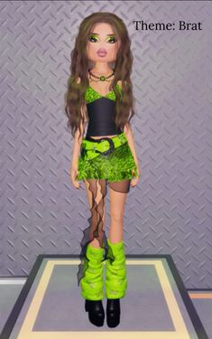 a very cute looking doll with green clothes and high heels on her feet, standing in front of a purple wall