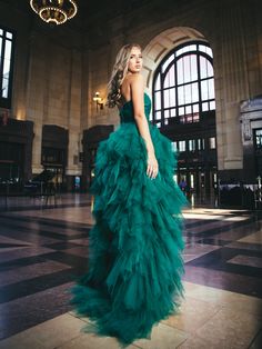 Kyndra Jade gown released from the Kansas City Fashion Week runway at Union Station. This Emerald green tulle gown features a high low skirt. Corset back for a flexible size. Made to order please allow 4-6 weeks for production after final measurements are confirmed. Green Tulle Evening Dress With Ruffles, Tulle Evening Dress With Long Train For Prom Season, Prom Evening Dress With Long Tulle Train, Tulle Gown With Long Train For Prom, Green Tulle Dress For Gala, Green Ball Gown With Sweep Train For Gala, Green Tulle Evening Dress For Gala, Long Train Tulle Gown, Gown With Long Train And Tulle Skirt