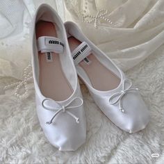 r e v ê u s e Miu Miu Ballet, Ballet Flats White, Miu Miu Heels, Fashion Outfits Aesthetic, Satin Ballet Flats, Ballerina Shoes Flats, Cream Wedding, Coquette Style, Chanel Earrings