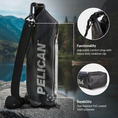 the pelican water bag is shown with instructions to put it in its pouch