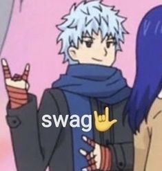 two anime characters one with blue hair and the other has purple hair holding up their fingers