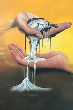 a painting of two hands holding a clock with dripping water on it and an orange sky in the background