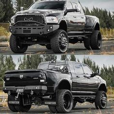 two pictures of the front and rear sides of a black ram truck with large tires