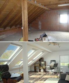 two pictures of the same room in an attic, and one has a couch with pillows on it