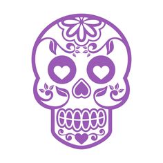 a purple sugar skull with hearts on it