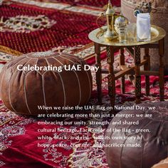 an advertisement for the united states national day, featuring a table and ottoman with bottles of champagne on it