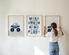 SET OF PHYSICAL PRINTS WITH FREE SHIPPING Transform your child's bathroom into a fun and inspiring space with this shipped monster truck bathroom art set. Featuring three vibrant prints in shades of blue and grey, this set includes playful reminders: "Wash Your Hands," "Brush Your Teeth," "Hang Your Towel, and "Flush the Toilet". Perfect for boys' bathroom decor or truck-themed spaces, these high-quality prints help to make bath time routines more engaging. -------------------------------------- Blue Bathroom Walls, Boys Bathroom Decor, Shipping Envelopes, Boys Bathroom, Bathroom Prints, Blue Bathroom, Inspiring Spaces, Bathroom Kids, Wash Your Hands