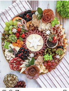 a platter filled with lots of different types of food on top of a table