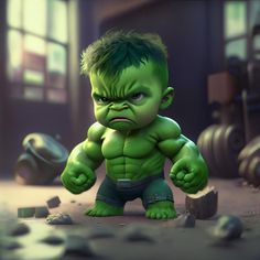 a very cute little hulk with green hair and big eyes, standing in front of some rocks