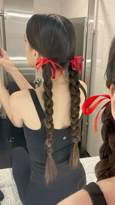 Red Ribbon Braids, Two Braids With Ribbon Bows, Pigtail Bow Hairstyle, Pig Tails With Bows, Bows And Braids, Braided Hairstyles With Bows, Red Bows In Hair, Updos With Bows, Two Braids Aesthetic