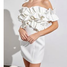 Off The Shoulder White Party Dress Nwt White Ruffled Mini Dress For Party Season, White Ruffled Bodycon Evening Dress, White Evening Mini Dress, White Ruffled Bodycon Dress For Evening, Spring Off-shoulder Bodycon Dress For Party, White Dressy Mini Dress For Evening, Formal White Mini Dress For Party Season, White Formal Bodycon Dress For Party Season, Chic Off-shoulder Bodycon Dress For Spring