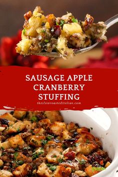 sausage apple cranberry stuffing in a white casserole dish with a spoon