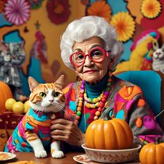 an elderly woman holding a cat in front of a table full of pumpkins and other decorations