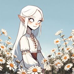 a girl with long white hair standing in a field of daisies