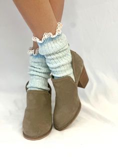 MARLED cotton short lace boot socks - Carolina blue  A must-have for any short boot owner, our Carolina blue marled cotton short lace boot socks provide a soft texture and complement a variety of shoe and boot options. Made with premium cotton marled yarn, these socks are both comfortable and stylish. made in america sock is 8'" from heel to toe cotton blend sock 1/2" cotton scallop lace one size fits most women 6-9 cozy and comfortable rib knit design ** Signature socks by Catherine Cole Women Grace And Lace Boot Socks, Short Boot Socks, Lace Boot Socks, Women's Fall Fashion, Slouch Socks, Hiking Women, Boot Socks, Casual Socks, Carolina Blue