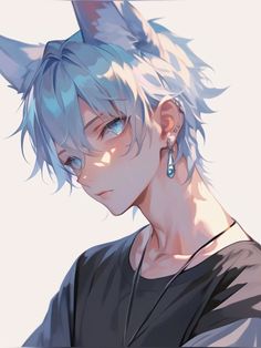 an anime character with blue hair and piercings on his ears is looking to the side