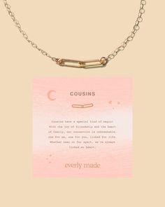 "cousins have a special kind of magic! with the joy of friendship and the heart of family, our connection is unbreakable. one for me, one for you... linked for life. whether near or far apart, we're always linked at heart. this is the chic cousins bracelet you've been looking for! choose up to 8 links to symbolize each person in your family. details: sterling silver, 14kt gold filled or 14kt rose gold filled * 16\" + 2\" extender * comes with product meaning card & in its own gift box * cable ch Adjustable Meaningful Necklace For Best Friend, Meaningful Adjustable Necklace For Best Friend, Friendship Charm Necklaces For Mother's Day, Adjustable Charm Necklaces For Mother's Day And Friendship, Nickel-free Necklaces For Mother's Day Gift, Mother's Day Friendship Charm Necklace, Cute Adjustable Necklaces For Best Friend Gift, Casual Adjustable Chain Jewelry For Friendship, Mother's Day Best Friend Gift Charm Necklace