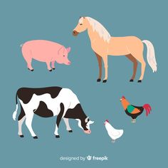 four different types of farm animals on a blue background, including a horse, pig, and chicken