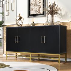 a black and gold sideboard in a living room