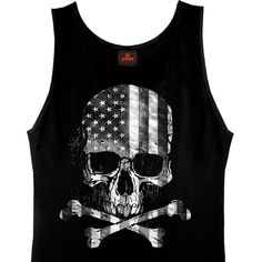 • 100% heavyweight cotton shirt • Screen printed on Front side only • Proudly printed in the USA This official Hot Leathers® Tank top in the color black features our original "Flag Skull" design. This tank displays a skull and crossbones with a black an Black Flag Print Top For Streetwear, Black Biker Top With Skull Print, Black Cotton Tops With American Flag Print, Patriotic Black Top With Flag Print, Black Skull Print Top For Biker Events, Black Crew Neck Top Made In Usa, Black Skull Print T-shirt For Biker Events, Black Biker T-shirt With Skull Print, Leather Tank Top