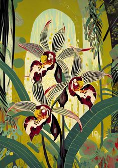 an abstract painting of two orchids in the jungle