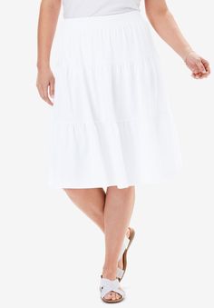 Jersey Knit Tiered Skirt | Plus SizeSkirts | Fullbeauty Casual Skirt With Wide Waistband For Summer, Spring Tiered Skirt With Wide Waistband, Casual Stretch Full Skirt Bottoms, Casual Non-stretch Skirt With Elastic Waistband, Casual Mini Skirt With Elastic Fit, Casual Skirt With Elastic Waistband For Daywear, Casual Flared Skirt With Wide Waistband, Casual Skirt With Wide Waistband And Flowy Fit, Casual Skirted Skirt With Elastic Waistband