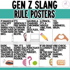 a poster with the words gen z slang rules posted on it, and an image of