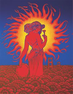 an image of a woman holding a jug in front of a sun with flames on it