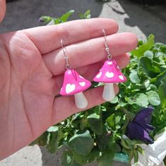 Valentines Pink Heart Mushroom Earrings Fun Mushroom Design Jewelry For Gifts, Fun Mushroom Design Jewelry Gift, Whimsical White Mushroom Design Earrings, White Dangle Earrings With Mushroom Design, White Mushroom Design Earrings As Gift, Cute White Earrings With Mushroom Design, White Mushroom Design Earrings For Gift, White Earrings With Mushroom Design As Gift, White Mushroom-shaped Jewelry With Mushroom Design