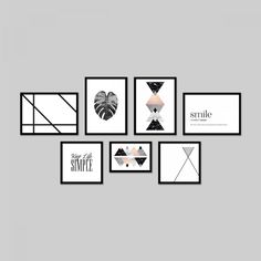 a set of six black and white posters with geometric shapes on the wall above them