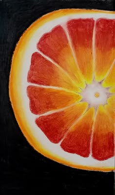 a drawing of a grapefruit cut in half on a black surface with a knife